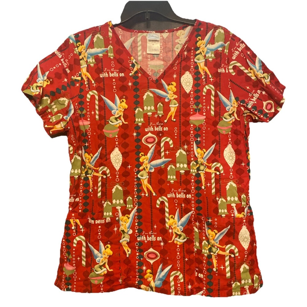 Disney Tinker Bell Scrub‎ Top Women's Size Medium Cotton Christmas Red Holiday